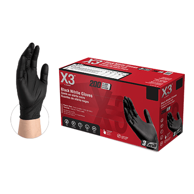 AMMEX X3 200 XXL Black 200 Nitrile Powder Free Gloves (XXL, Black)